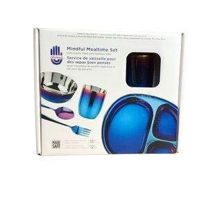 Ahimsa Mindful Mealtime Set NIB |Iridescent Blue Stainless Steel 5 Piece Set